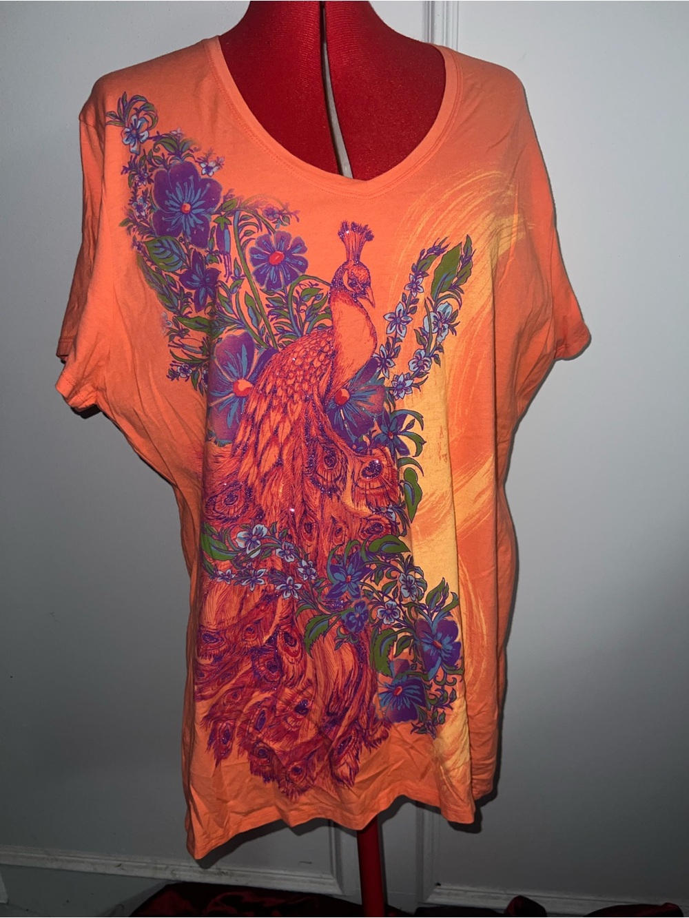 JMS Just My Style Orange Floral Peacock Sparkle Graphic Women’s Tee 2X
